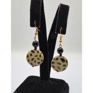 Vintage Leopard Print Dangle Earrings Acrylic Disc Black Bead Gold Tone